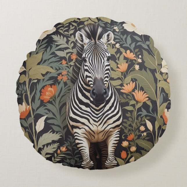 Jungle Zebra Floral Round Cushion (Front)