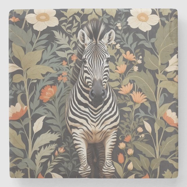 Jungle Zebra Floral Stone Coaster (Front)