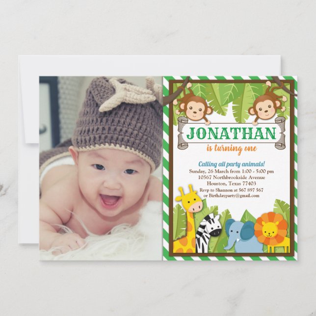 Jungle Zoo Animal Safari Adventure Birthday Photo Invitation (Front)