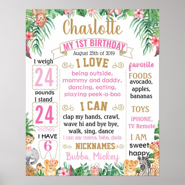 Jungle Zoo Safari Animals Birthday board Poster (Front)