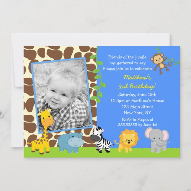 Jungle Zoo Safari Animals Birthday Invitations (Front)