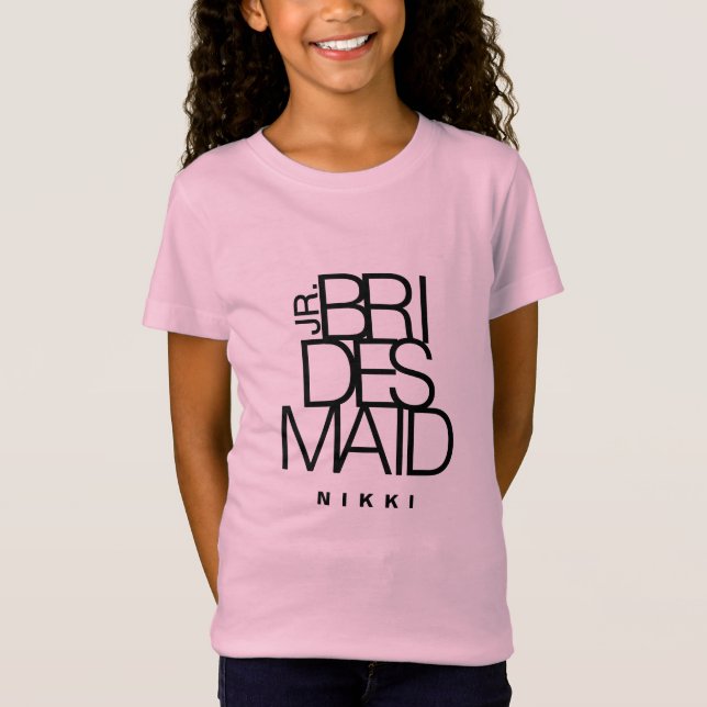 Junior Bridesmaid in black typography, wedding T-Shirt (Front)