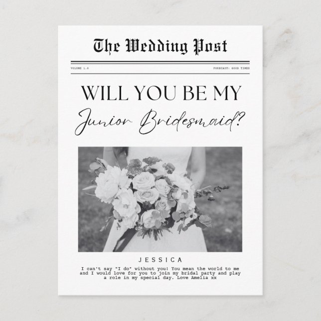 Junior Bridesmaid proposal, Custom Newspaper Postcard (Front)