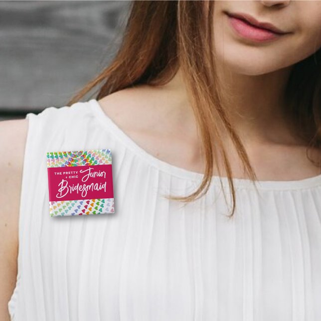 JUNIOR BRIDESMAID Rainbow Hearts Sprinkles Wedding 15 Cm Square Badge (JUNIOR BRIDESMAID Rainbow Hearts Sprinkles Bridal Party / Wedding Pinback Button @ fat_fa_tin)