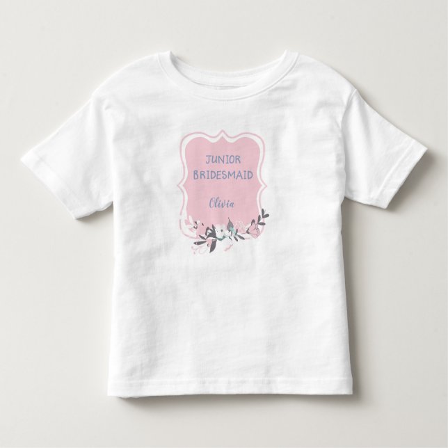 Junior Bridesmaid with Name Floral Frame Toddler T-Shirt (Front)