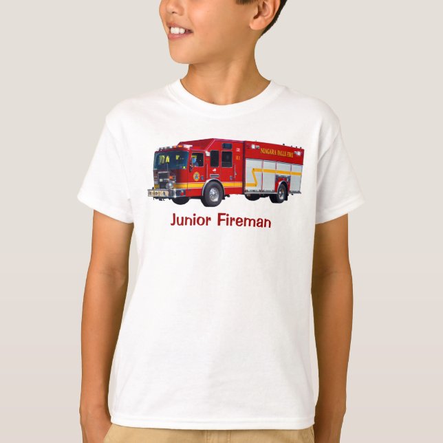 "Junior Fireman" Red Fire Engine Fun T-Shirt (Front)