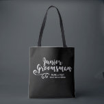 Junior Groomsman Tote Bag | Cool Modern Script<br><div class="desc">Your Junior Groomsman will love this personalised tote bag! Double-sided with a fun trendy white script font and swirl, the bag also features two lines of custom text - add the Junior Grooman's name, wedding date, location, etc. Change the background colour to match your wedding colours - just click on...</div>