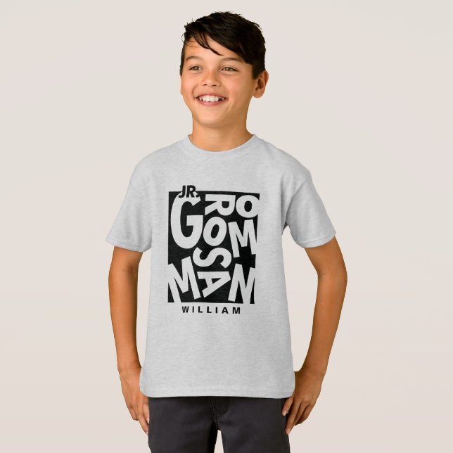 Junior Jr. Groomsman in black typography, wedding T-Shirt (Front Full)