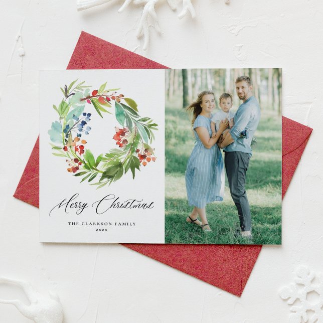 Juniper and Holly Wreath Merry Christmas Photo Holiday Card (Creator Uploaded)