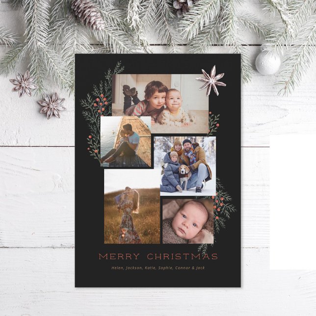 Juniper Photo Collage Black Holiday Card (Creator Uploaded)