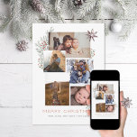 Juniper Photo Collage Holiday Card<br><div class="desc">5 photo areas in various orientations; white "frame" can be changed to any colour in the editor;  Choose your own fonts too! Add a message to the back or more photos if desired.</div>