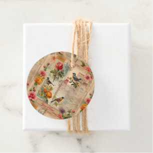 Junk Journal Seite mit Blumen + Vögel - Favour Tags