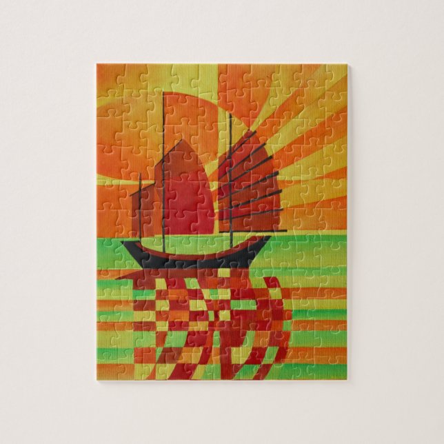 Junk on Sea of Green Cubist Abstract Jigsaw Puzzle (Vertical)