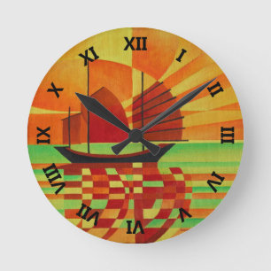 Junk on Sea of Green Cubist Abstract Round Clock
