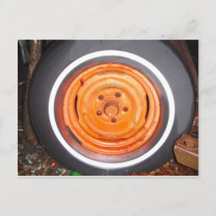 Junk Yard vintage Wheel, orange black and white Postcard