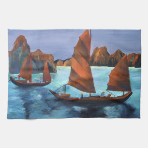 Junks In The Descending Dragon Bay Tea Towel