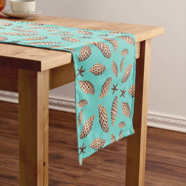 Junonia Seashells Pattern Turquoise Tropical Table Short Table Runner (In Situ)
