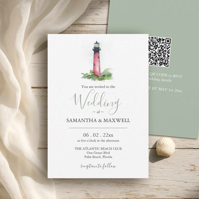 Jupiter Lighthouse Beach Wedding In Florida Invitation (Beach wedding in Florida watercolor Jupiter Lighthouse art by Victoria Grigaliunas Do Tell A Belle)