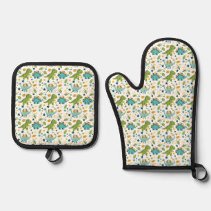Jurassic Dinosaur Tyranosaurus T Rex Pattern Oven Mitt & Pot Holder Set