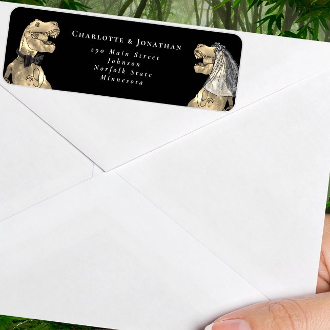 Jurassic Dinosaur Wedding Return Address (Dinosaur wedding sage green and white custom return address label Jurassic dino T-Rex bride & groom)