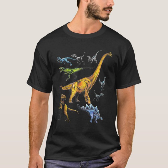 Jurassic Dinosaurs Rex Raptor Stegosaurus T-Shirt (Front)