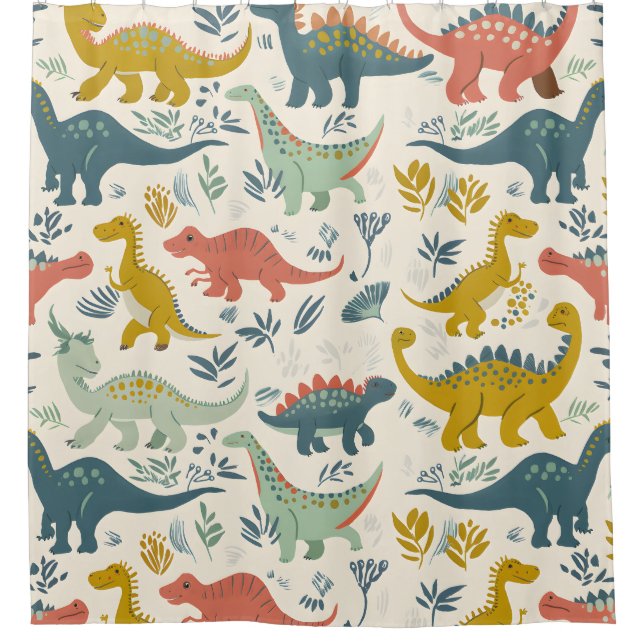 Jurassic Joy: Playful Dinosaur Pattern Shower Curtain (Front)