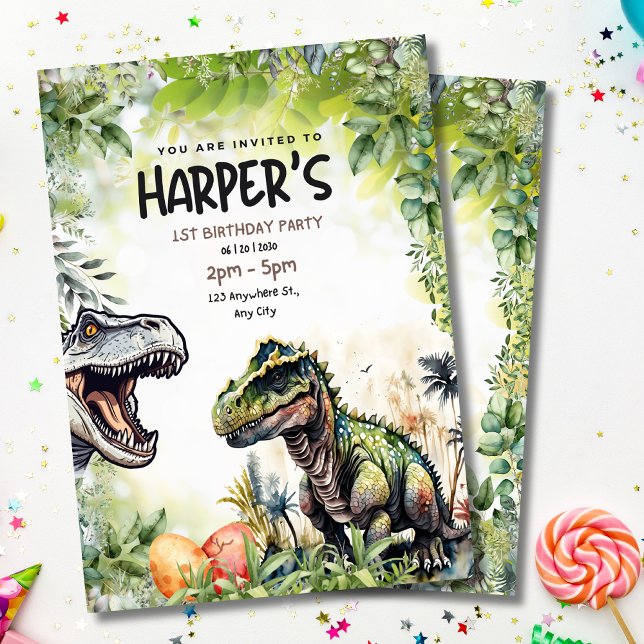 Jurassic Party T-Rex Dinosaur 1st Birthday  Invitation (Creator Uploaded)