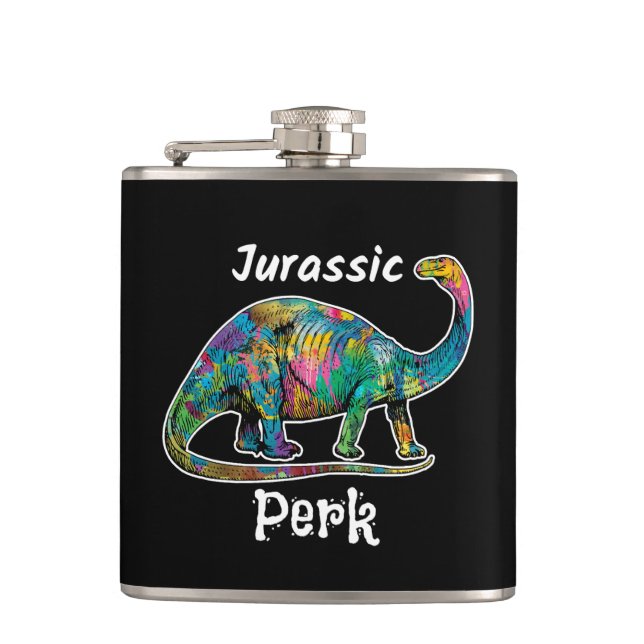 Jurassic Perk Colorful Dinosaur Black Hip Flask (Front)