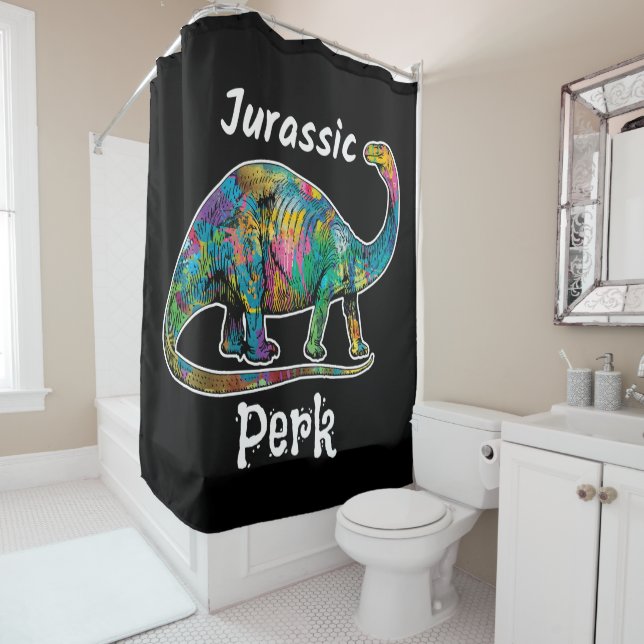 Jurassic Perk Colorful Dinosaur Black Shower Curtain (In Situ)