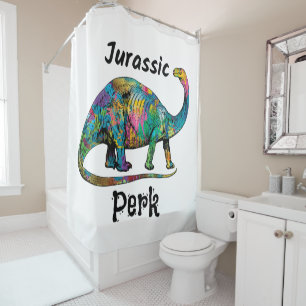 Jurassic Perk Colorful Dinosaur White Shower Curtain