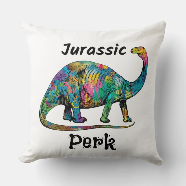 Jurassic Perk Colourful Dinosaur White Cushion (Front)