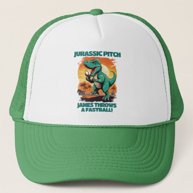 Jurassic Pitch Personalised Kids Baseball  Trucker Hat (Front)