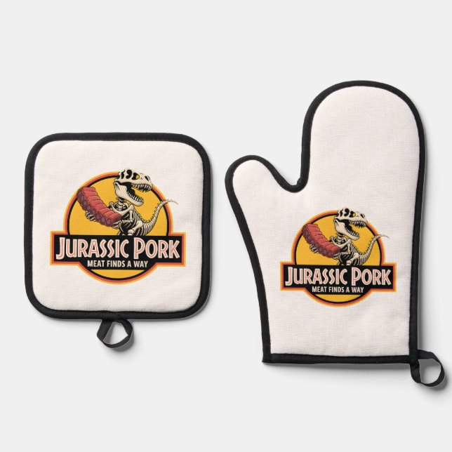 Jurassic Pork - BBQ Humor oven gloves Mitt & Pot Holder Set (Front)