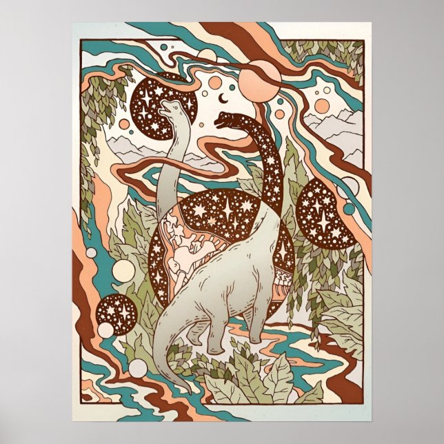 Jurassic Portal | Retro Rainbow Palette | Dinosaur Poster (Front)