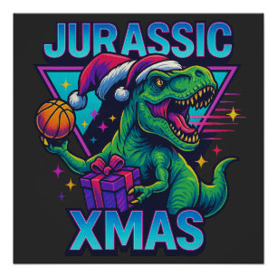 Jurassic Xmas T-Rex - Retro 80s Neon Dinosaur Xmas Poster