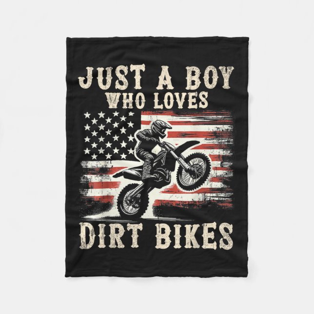 Just A Boy Who Loves Dirt Bikes American Flag Moto Fleece Blanket (Front)