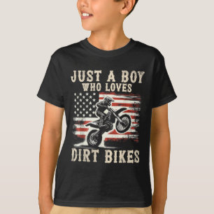 Just A Boy Who Loves Dirt Bikes American Flag Moto T-Shirt