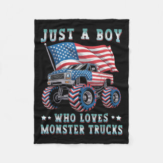 Just A Boy Who Loves Monster Trucks American Flag  Fleece Blanket