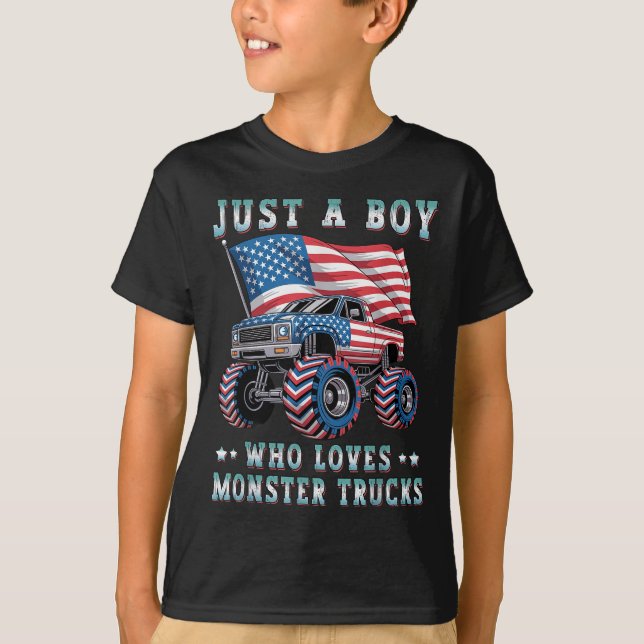 Just A Boy Who Loves Monster Trucks American Flag  T-Shirt (Front)