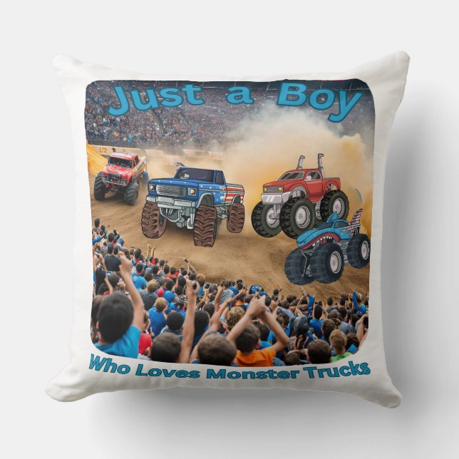 Just a Boy who Loves Monster Trucks Cushion (Front)