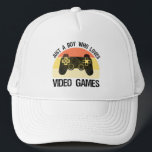 Just A Boy Who Loves Video Games Trucker Hat<br><div class="desc">Just A Boy Who Loves Video Games. This funny gamer accessory is a great gift for a man, boy, teens & kids who love playing video games & computer games. If you're a geek and love console games & computer gaming, this design is for you! Includes a graphic of a...</div>