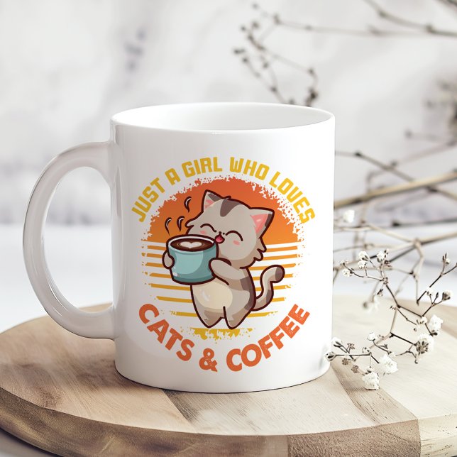 "Just a Girl who Loves Cats and Coffee" Retro Coffee Mug ("Just a Girl who Loves Cats and Coffee" Retro Coffee Mug on a boho kitchen table with tiny flowers)