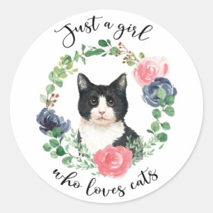 Just a Girl Who Loves Cats Blue Floral Classic Round Sticker