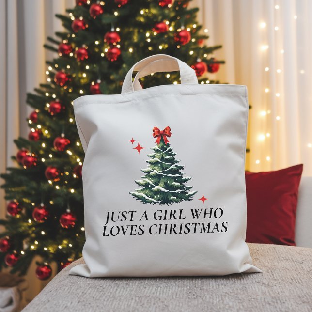 Just a Girl Who Loves Christmas Tote Bag For Women (christmas tote bag, christmas tree tote, christmas bag for women, festive tote for her, xmas gift,)