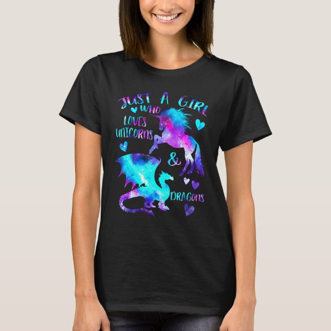Just A Girl Who Loves Dragons And Unicorns Fantasy T-Shirt (Front)