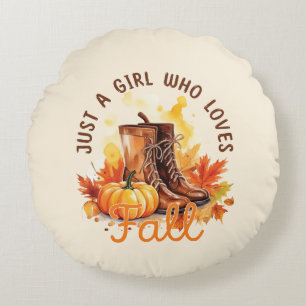 Just A Girl Who Loves Fall – Cosy Autumn Vibes Round Cushion