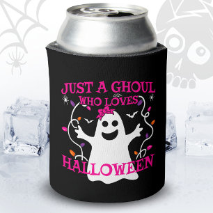 Just A Girl Who Loves Halloween Cute Pink Ghost Can Cooler