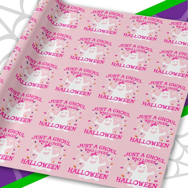 Just A Girl Who Loves Halloween Cute Pink Ghost Wrapping Paper (Creator Uploaded)