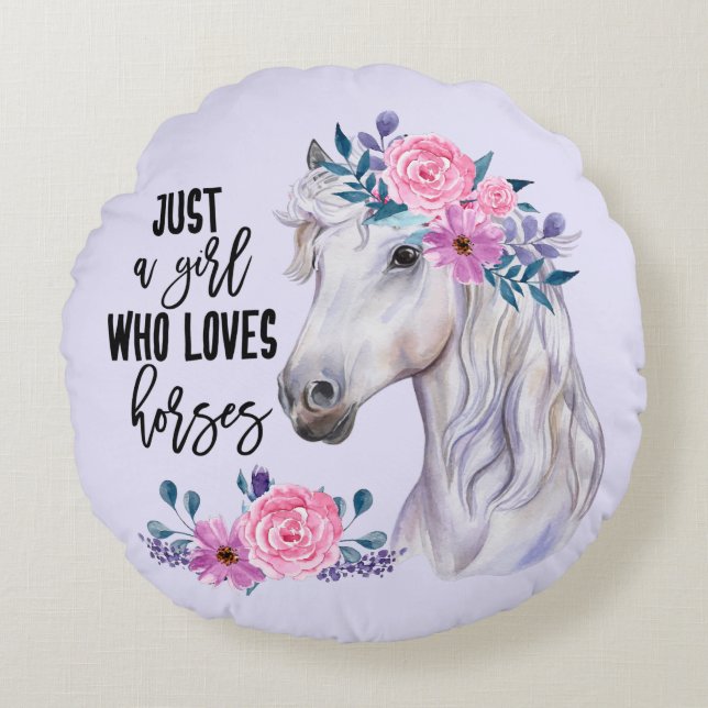 Just a Girl who Loves Horses - (Lavendar) Round Cushion (Front)