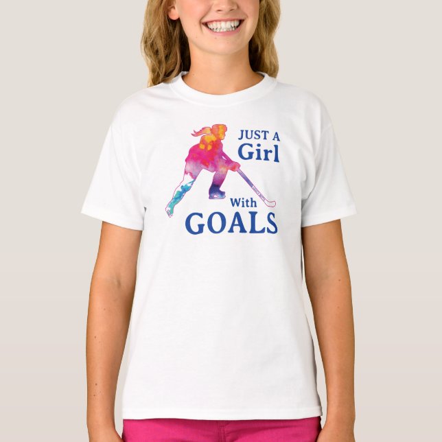 Just a Girl With Goals Hockey Watercolor T-Shirt (Front)